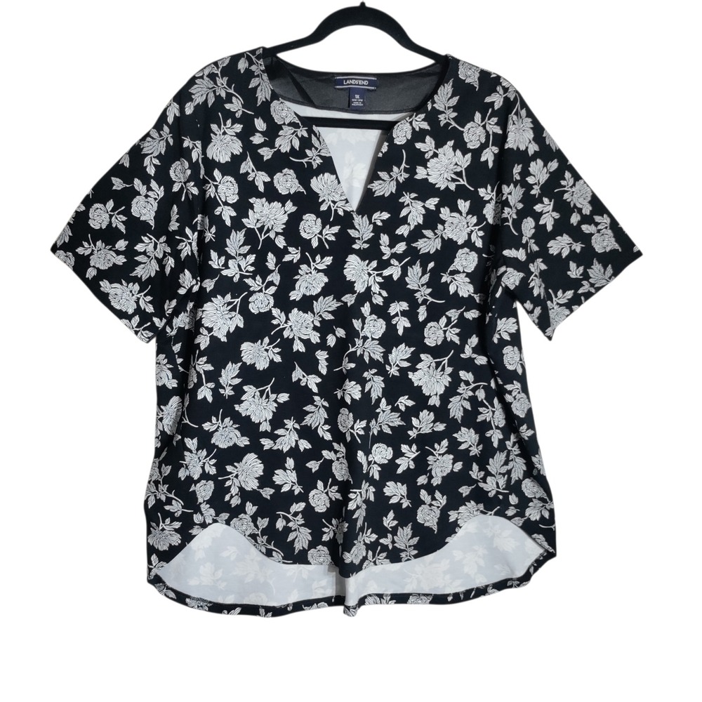Lands End Womens 1X Black White Floral V-Neck Short Sleeve Tunic Top 16W-18W